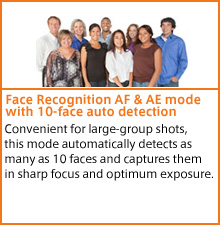 Face Recognition AF & AE mode with 10-face auto detection