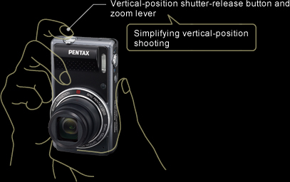 Vertical-position shutter-release button and zoom lever Simplifying vertical-position shooting