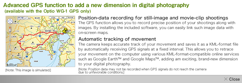 撮影した画像・動画データに位置情報を記録。移動したルートを自動的に記録。