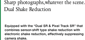 Sharp photographs,whatever the scene. Dual Shake Reduction　Equipped with the “Dual SR & Pixel Track SR” that combines sensor-shift type shake reduction with electronic shake reduction, effectively suppressing camera shake.