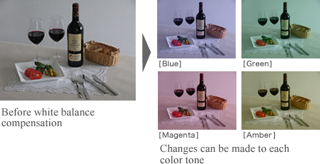 White balance compensation to correct the color tone of still images in the camera