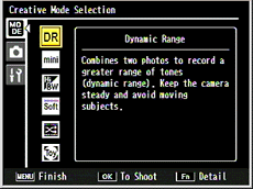 The Creative Shooting mode selection screen appears.