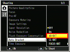 Press the [ADJ./OK] button down to select [Auto Bracket], and press the button to the right.
