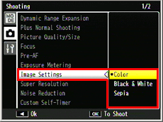 [Color],[Black & White], and [Sepia] can be selected In Dynamic range double-shot mode.(The default setting is [Color].)