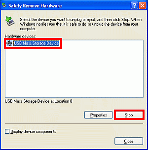 Select "USB Mass Storage Device" and click [Stop].