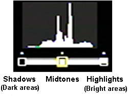 A histogram shows the number of pixels on the vertical axis and the brightness on the horizontal axis, ranging from shadows (dark areas) on the left through mid-tones to highlights (bright areas) on the right.