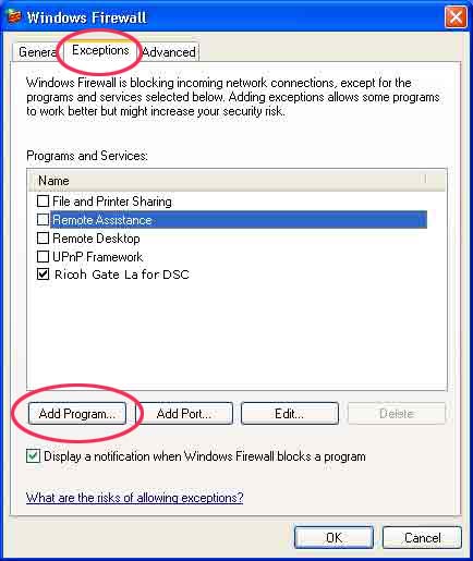 Windows Firewall > Exceptions tab > Add Program...