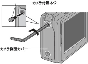 カメラ側面カバーを固定している 2 箇所のネジを、付属の六角レンチで回して取り外してください