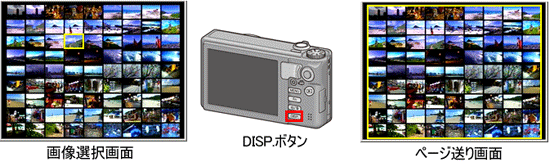 DISP ボタンを押すと、画像選択画面とページ送り画面を切り替えられます