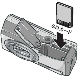 電池および SD メモリーカードをセットするときは、向きに気をつけて挿入してください