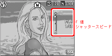 画像モニターにモードのマークが表示され、画面右側に現在の絞り値（ F 値）、シャッタースピード、露出値のインジケーターが表示されます