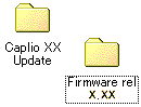 解凍された [Caplio XX Update] フォルダをダブルクリックし、[Firmware rel X.XX] フォルダをダブルクリックします