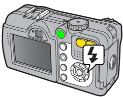 フラッシュを使用する場合、購入時の状態は発光禁止に設定されていますので、下図のフラッシュボタンを使用し、フラッシュモードを切り替えてから使用してください