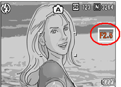 画像モニターにモードのマークが表示され、画面右端に現在の絞り値（ F 値）がオレンジ色で表示されます