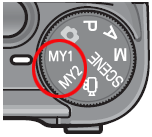 モードダイヤルをMY１に合わせると、［設定１］で登録した設定で撮影できます。モードダイヤルをMY2に合わせると、［設定2］で登録した設定で撮影できます