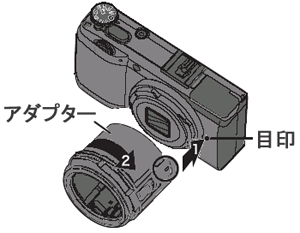 別売りアダプターをカメラ本体の目印と合わせて入れ、時計方向にカチッと音がするまで回します