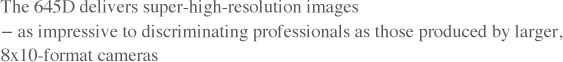 The 645D delivers super-high-resolution images - as impressive to discriminating professionals as those produced by larger, 8x10-format cameras