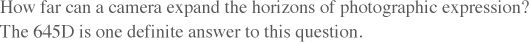 How far can a camera expand the horizons of photographic expression? The 645D is one definite answer to this question.