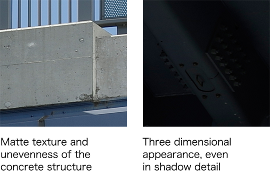 Matte texture and unevenness of the concrete structure / Three dimensional appearance, even in shadow detail 