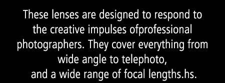 These lenses are designed to respond to the creative impulses ofprofessional photographers. They cover everything from wide angle to telephoto, and a wide range of focal lengths.hs.