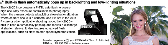 Built-in flash automatically pops up in backlighting and low-lighting situations