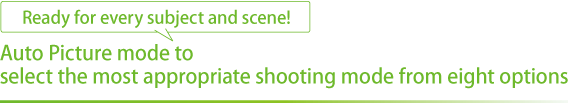 Ready for every subject and scene! Auto Picture mode to select the most appropriate shooting mode from eight options