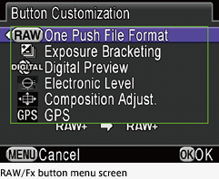 RAW/Fx button menu screen