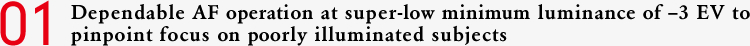 01 Dependable AF operation at super-low minimum luminance of –3 EV to pinpoint focus on poorly illuminated subjects