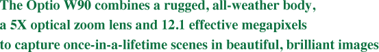 The Optio W90 combines a rugged, all-weather body, a 5X optical zoom lens and 12.1 effective megapixels to capture once-in-a-lifetime scenes in beautiful, brilliant images