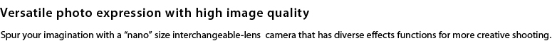 Versatile photo expression with high image quality.Spur your imagination with a “nano” size interchangeable-lens camera that has diverse effects functions for more creative shooting.