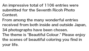 An impressive total of 1106 entries were submitted for the Seventh Ricoh Photo Contest.
From among the many wonderful entries received from both inside and outside Japan, 34 photographs have been chosen. 
The theme is /Beautiful Colour./ Please enjoy the scenes of beautiful coloring you find in your life.

