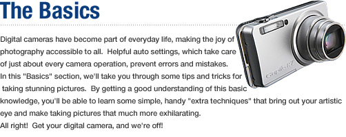 Digital cameras have become part of everyday life, making the joy of photography accessible to all.  Helpful auto settings, which take care of just about every camera operation, prevent errors and mistakes. In this "Basics" section, we'll take you through some tips and tricks for taking stunning pictures.  By getting a good understanding of this basic knowledge, you'll be able to learn some simple, handy "extra techniques" that bring out your artistic eye and make taking pictures that much more exhilarating. All right!  Get your digital camera, and we're off!