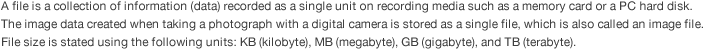 A file is a collection of information (data) recorded as a single unit on recording media such as a memory card or a PC hard disk.  The image data created when taking a photograph with a digital camera is stored as a single file, which is also called an image file.  File size is stated using the following units: KB (kilobyte), MB (megabyte), GB (gigabyte), and TB (terabyte).