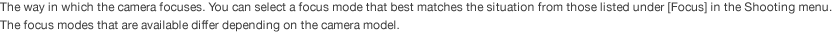 The way in which the camera focuses. You can select a focus mode that best matches the situation from those listed under [Focus] in the Shooting menu. The focus modes that are available differ depending on the camera model.