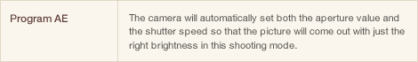Program AE The camera will automatically set both the aperture value and the shutter speed so that the picture will come out with just the right brightness in this shooting mode.