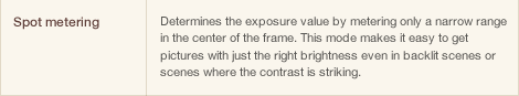 Spot metering Determines the exposure value by metering only a narrow range in the center of the frame. This mode makes it easy to get pictures with just the right brightness even in backlit scenes or scenes where the contrast is striking.