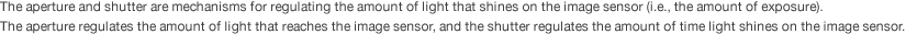 The aperture and shutter are mechanisms for regulating the amount of light that shines on the image sensor (i.e., the amount of exposure).  The aperture regulates the amount of light that reaches the image sensor, and the shutter regulates the amount of time light shines on the image sensor.