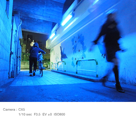 An underground passage lit with a blue security light (capturing a person passing through) 