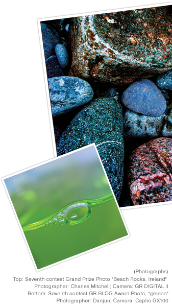 (Photographs) Top: Seventh contest Grand Prize Photo "Beach Rocks, Ireland"  Photographer: Charles Mitchell; Camera: GR DIGITAL II Bottom: Seventh contest GR BLOG Award Photo, "greeen" Photographer: Danjun; Camera: Caplio GX100