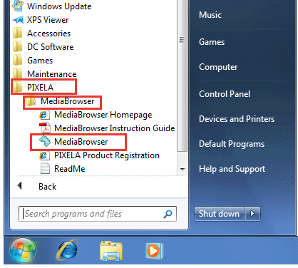 Start > All Programs > PIXELA > MediaBrowser > MediaBrowser