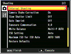 Interval Shooting in the Shooting menu