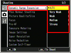 4 Press the [ADJ./OK] button right twice to show the Dynamic Range Expansion options.