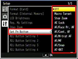 Press the [ADJ./OK] button to the right, press it up and down to select [Set Fn Button], and then press to the right