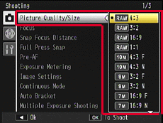 the example when [Picture Quality/Size] has been selected.