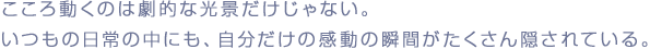 こころ動くのは劇的な光景だけじゃない。
いつもの日常の中にも、自分だけの感動の瞬間がたくさん隠されている。