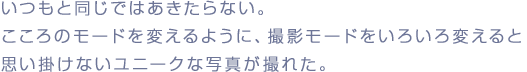 いつもと同じではあきたらない。
こころのモードを変えるように、撮影モードをいろいろ変えると
思い掛けないユニークな写真が撮れた。