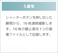 S連写　シャッターボタンを押し切った瞬間から、16枚連続撮影します。16枚の静止画を1つの画像ファイルとして記録します。