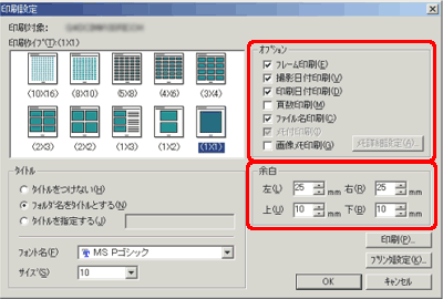 [オプション] の一覧から印刷したい機能のチェック ボックスをオンにします。[余白] で用紙の余白を指定します