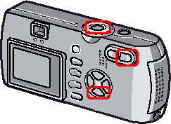 [▼] ボタンと [望遠 / 拡大表示] ボタンを押しながら、電源をオンにします