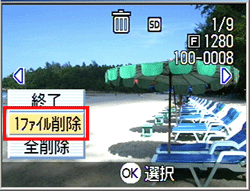 [▲] または [▼] ボタンを押し、[1ファイル削除] を選択します